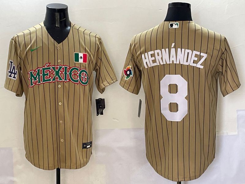 Men Los Angeles Dodgers #8 Hernandez Brown Stripe Mexico Joint Name 2025 Nike MLB Jersey style 4